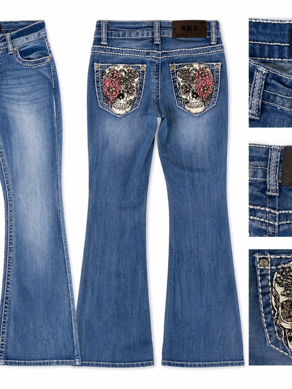 Sky Denim Flare Jeans with Embroidered Skull & Rose Pockets - Blue